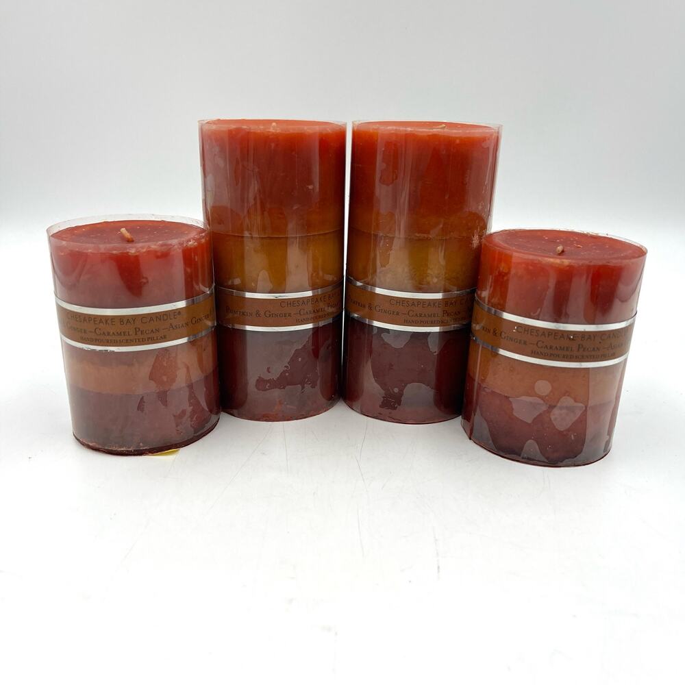 Chesapeake Bay Candles Pumpkin & Ginger Set of 4 Wax Pillar Candles Orange Red